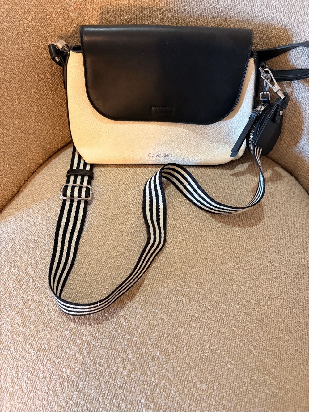Calvin Klein Black & Cream Crossbody with Striped Strap